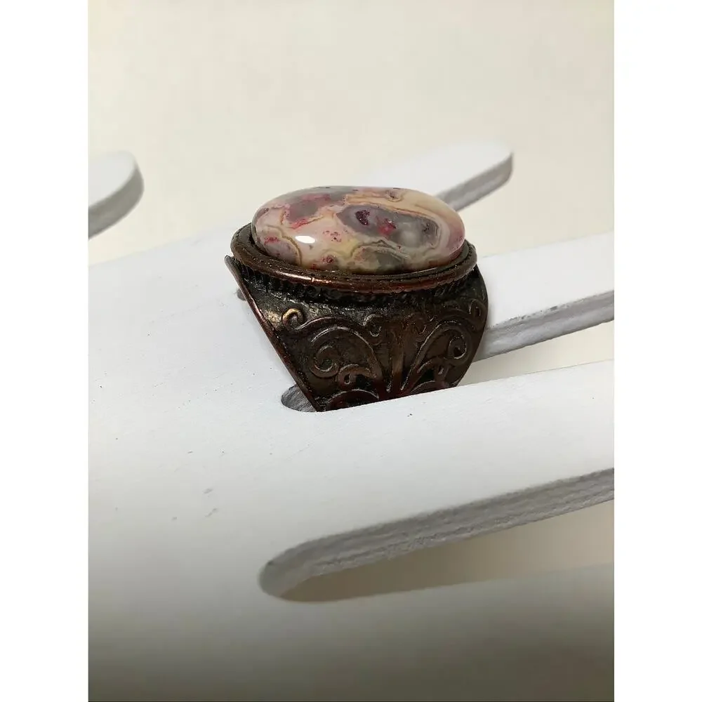 Bronze Crazy Lace Agate Oval Cabochon Statement Ring Cocktail Vintage F17-11
